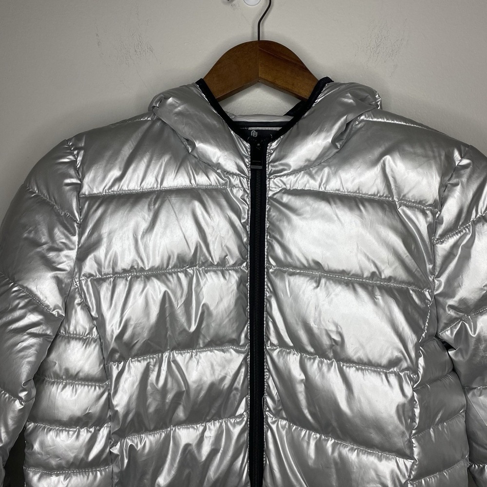 Numero Puffer Jacket Quilted Hooded Packable Metallic Silver Coat Small Petite - Picture 2 of 8